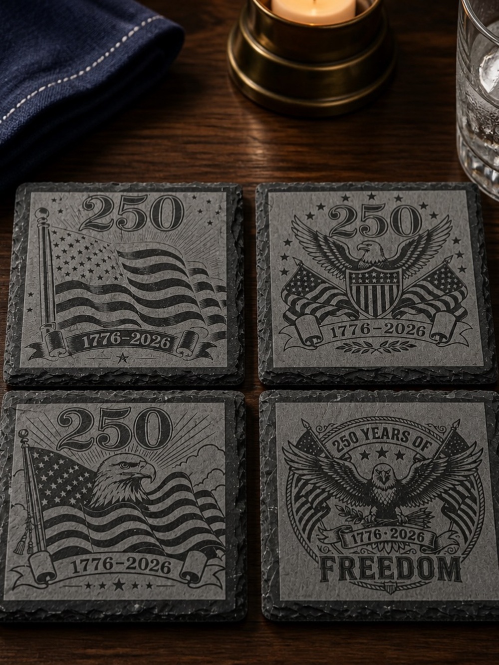 Patriotic 250th Anniversary Slate Coaster Set - Gray